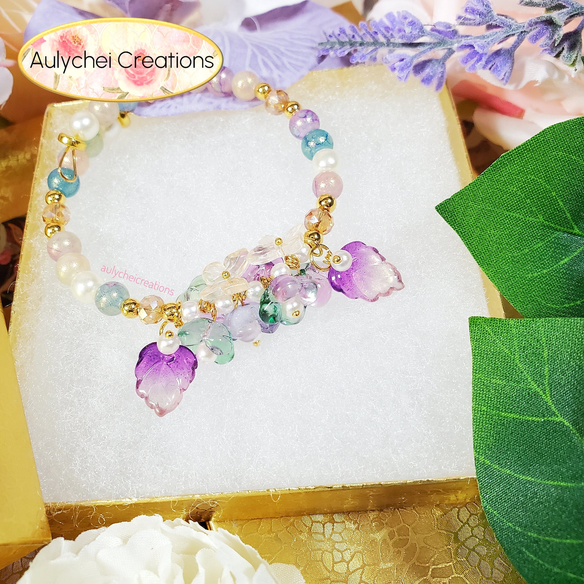 Purple Glass Flower and Butterfly Beaded Wrap Bracelet