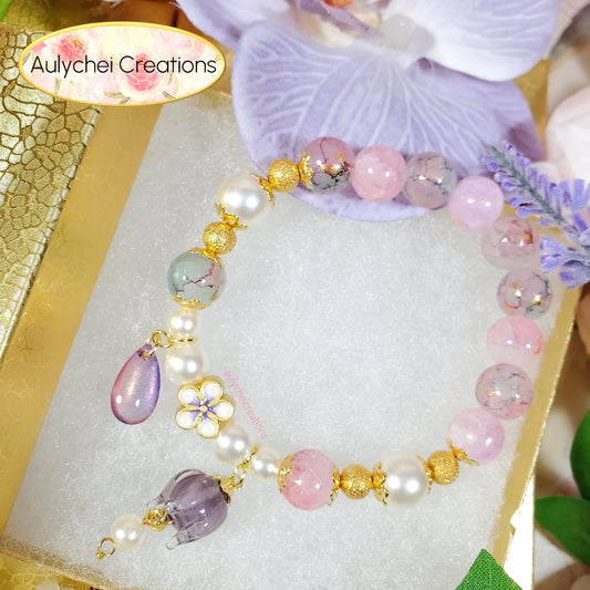 Purple Glass Lantern Beaded Charm Bracelet