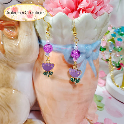 Purple Tulip Enamel Flower Dangle Earrings for Sale