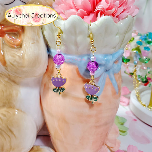 Purple Tulip Enamel Flower Dangle Earrings for Sale