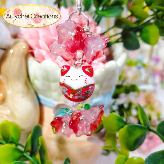 Red Lily Cat Glass Bead Flower Keychain Lanyard for Sale