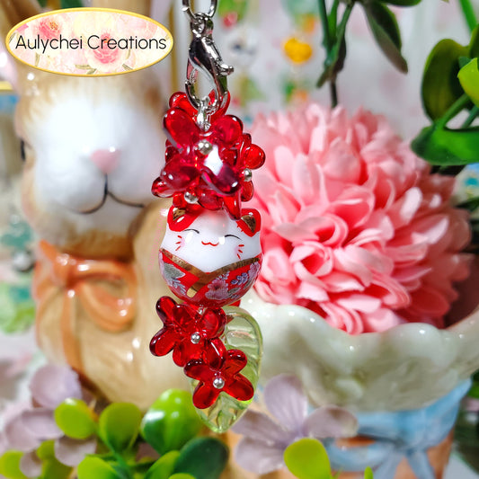 Red Osmanthus Cat Glass Bead Flower Keychain Lanyard for Sale