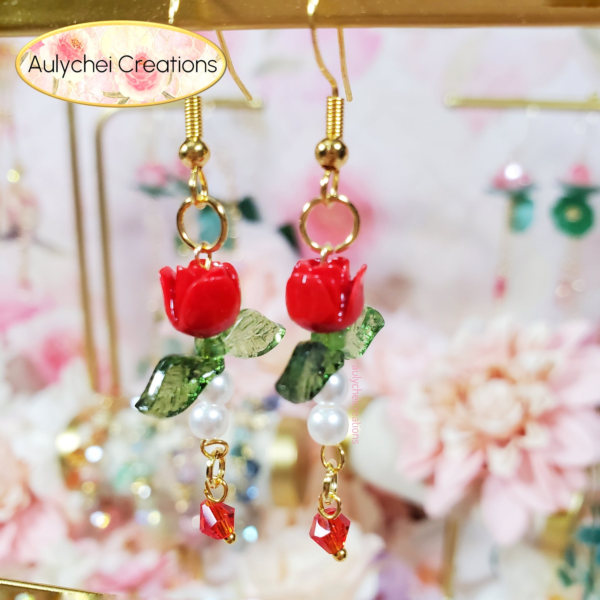 Red Rose Bud Crystal Drop Earrings