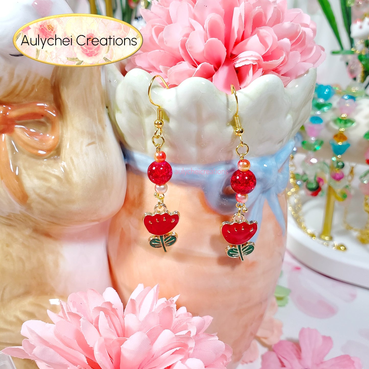 Red Tulip Enamel Flower Dangle Earrings for Sale