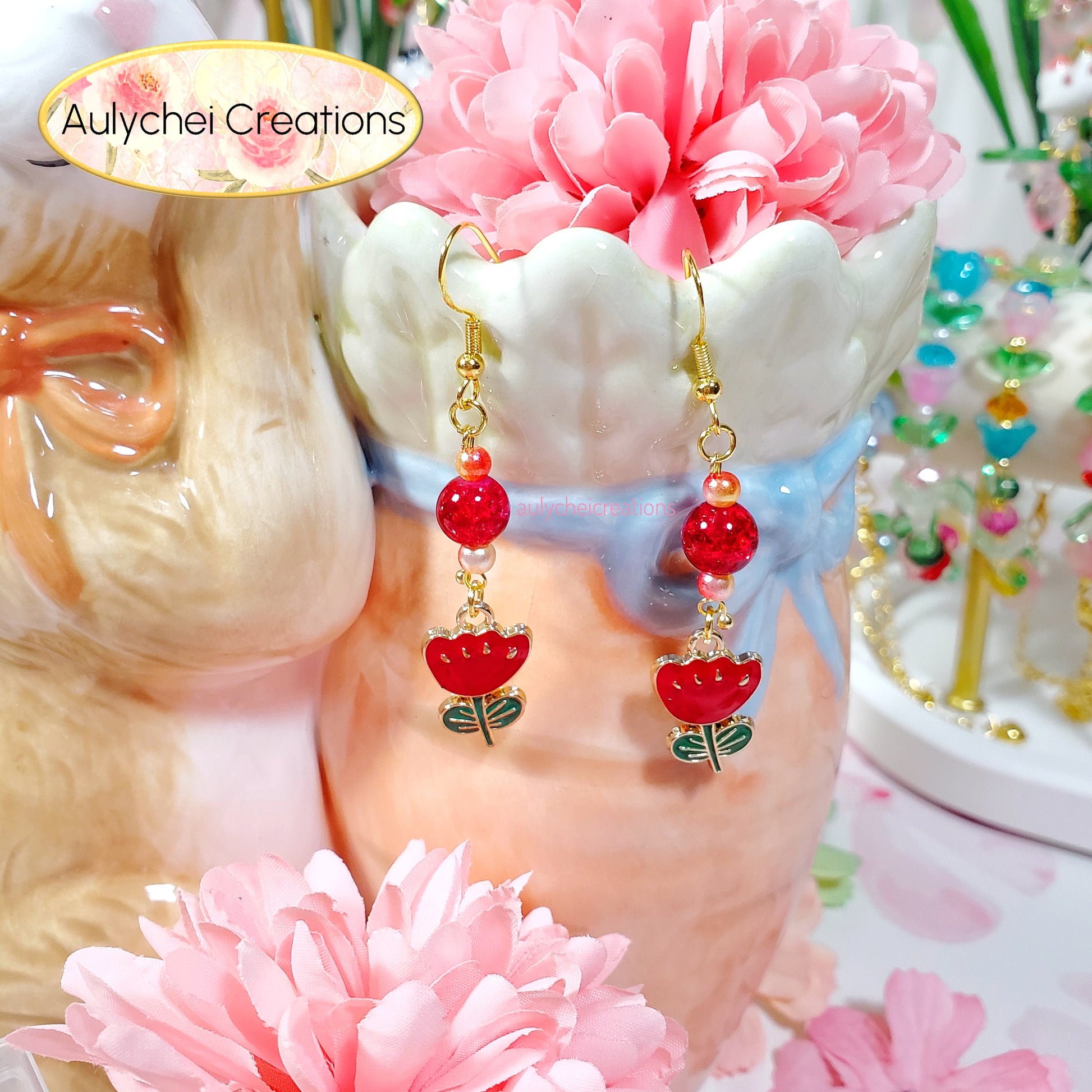Red Tulip Enamel Flower Dangle Earrings for Sale