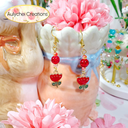 Red Tulip Enamel Flower Dangle Earrings for Sale
