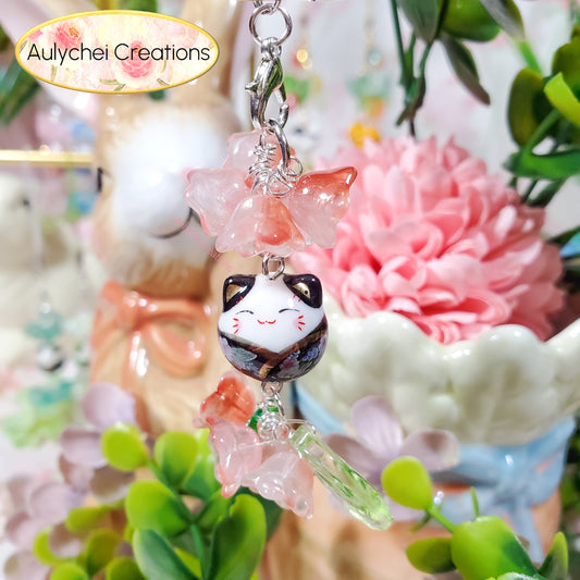 Salmon Lily Cat Glass Bead Flower Keychain Lanyard for Sale
