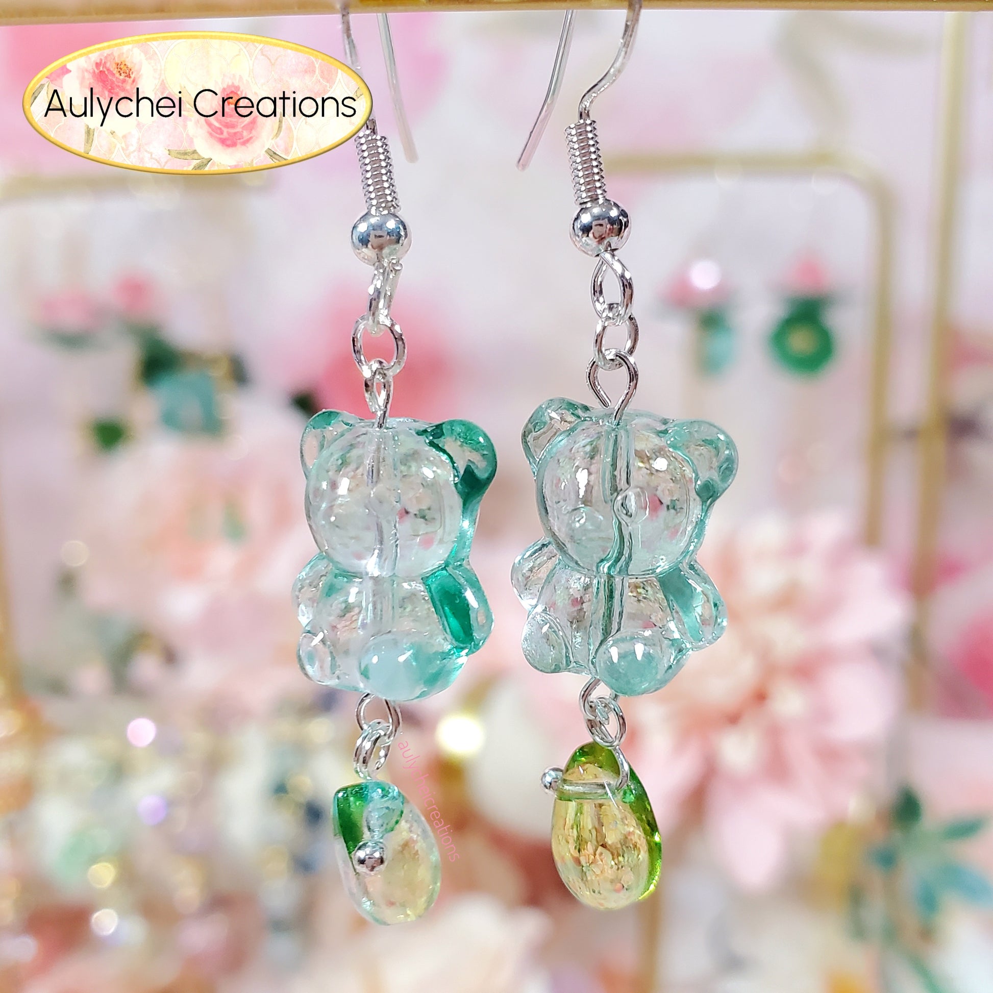 Teal Glass Candy Bear Drop Earrings