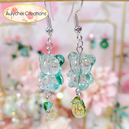 Teal Glass Candy Bear Drop Earrings