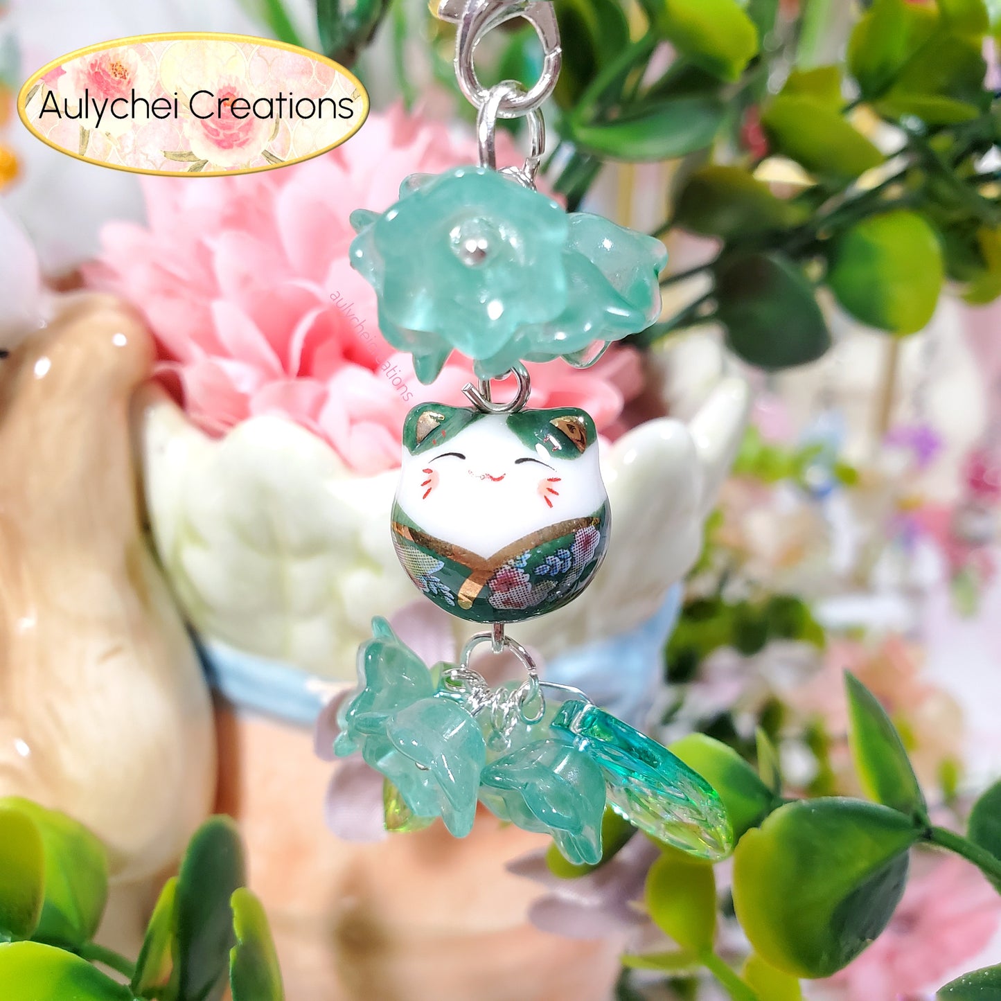 Teal Lily Cat Glass Bead Flower Keychain Lanyard for Sale