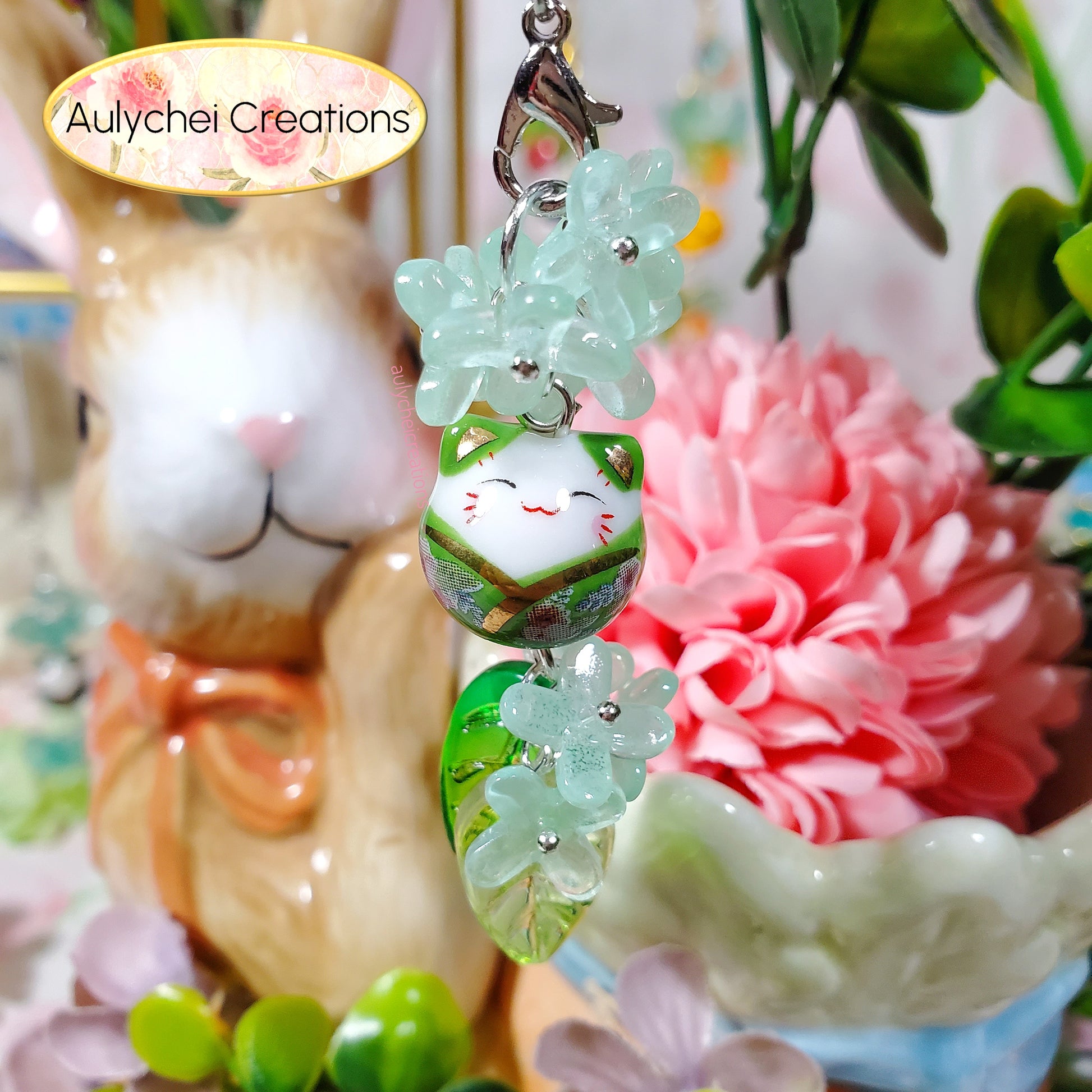 Teal Osmanthus Cat Glass Bead Flower Keychain Lanyard for Sale