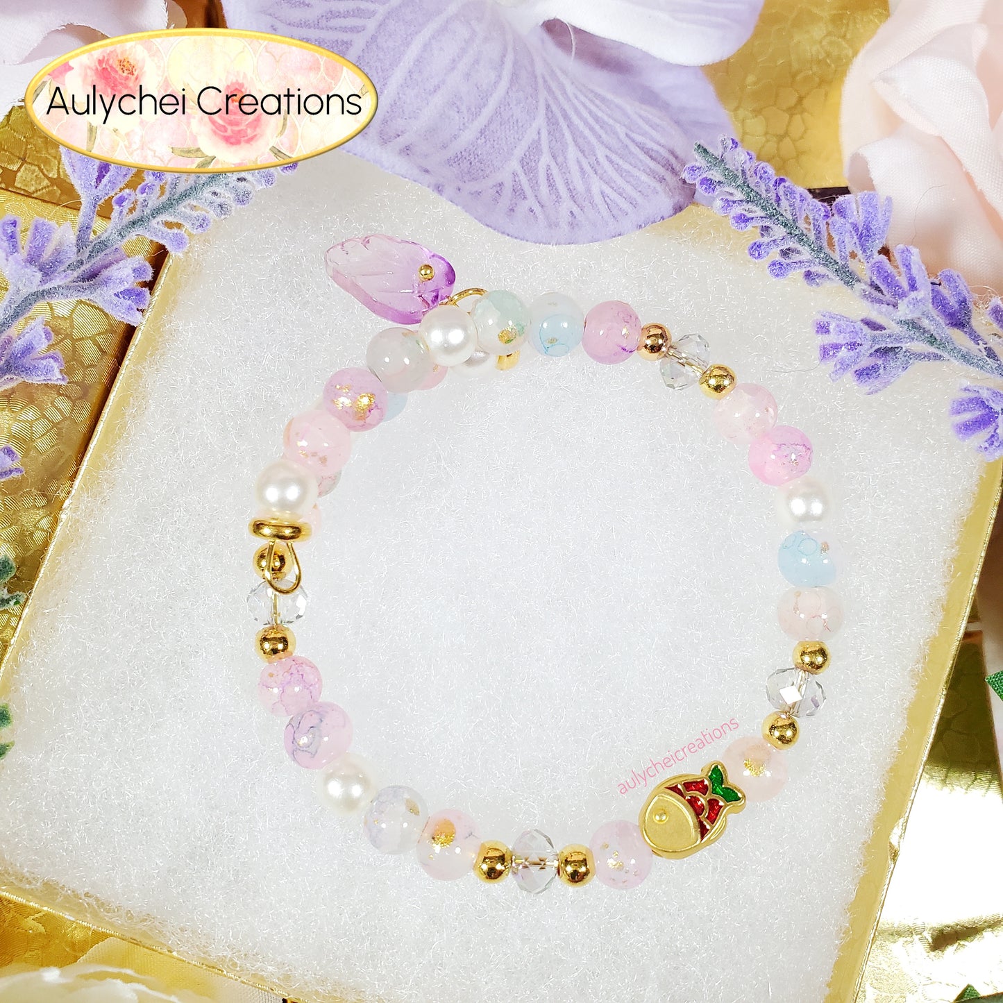 Violet Glass Beaded Enamel Goldfish Wrap Bracelet