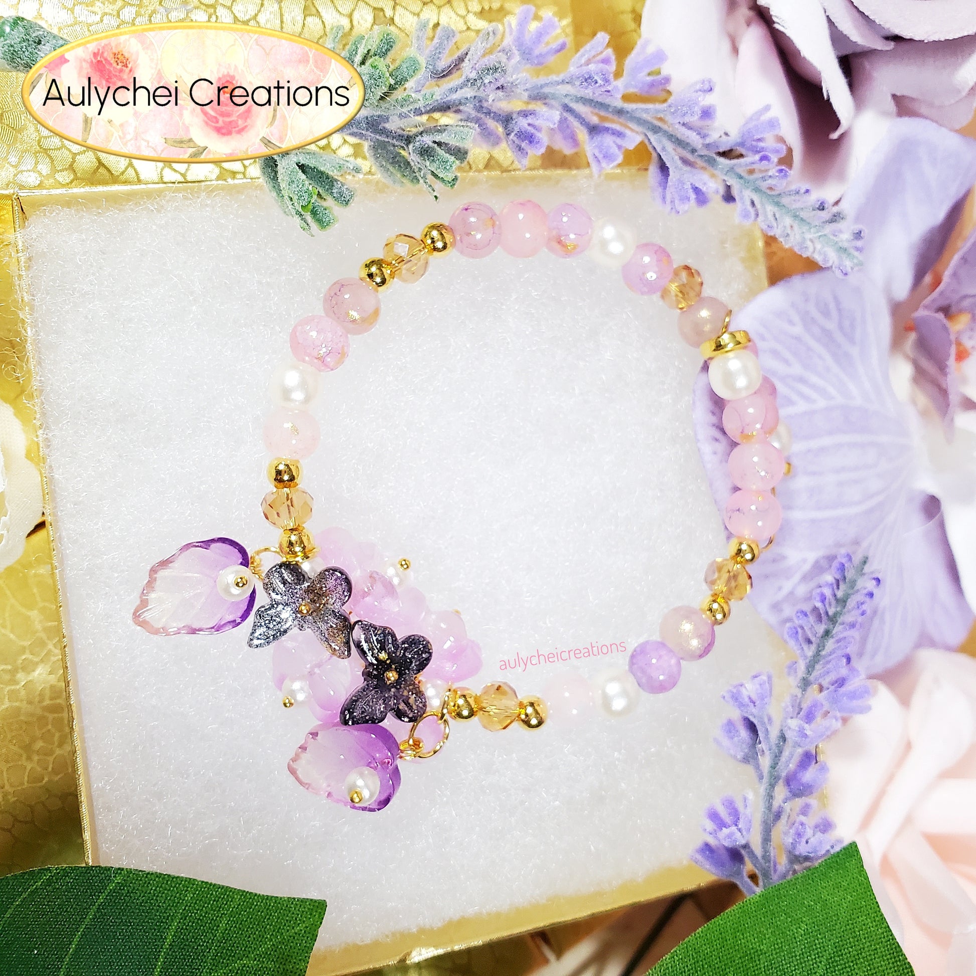 Violet Glass Flower and Butterfly Beaded Wrap Bracelet
