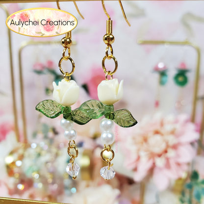 White Rose Bud Crystal Drop Earrings