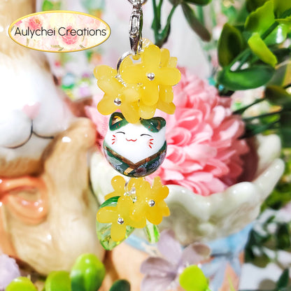 Yellow Osmanthus Cat Glass Bead Flower Keychain Lanyard for Sale