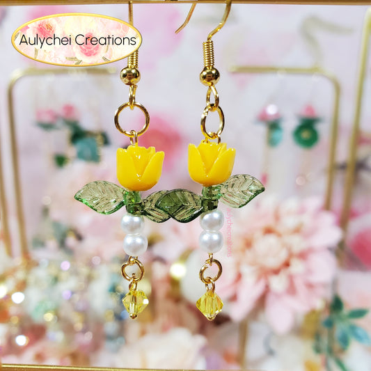 Yellow Rose Bud Crystal Drop Earrings