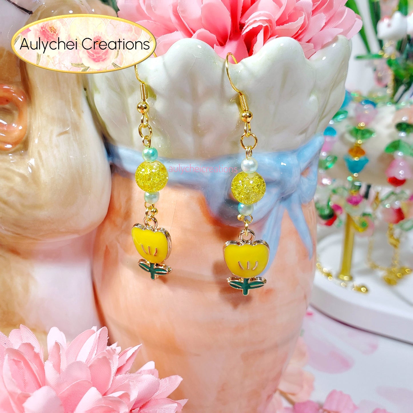 Yellow Tulip Enamel Flower Dangle Earrings for Sale
