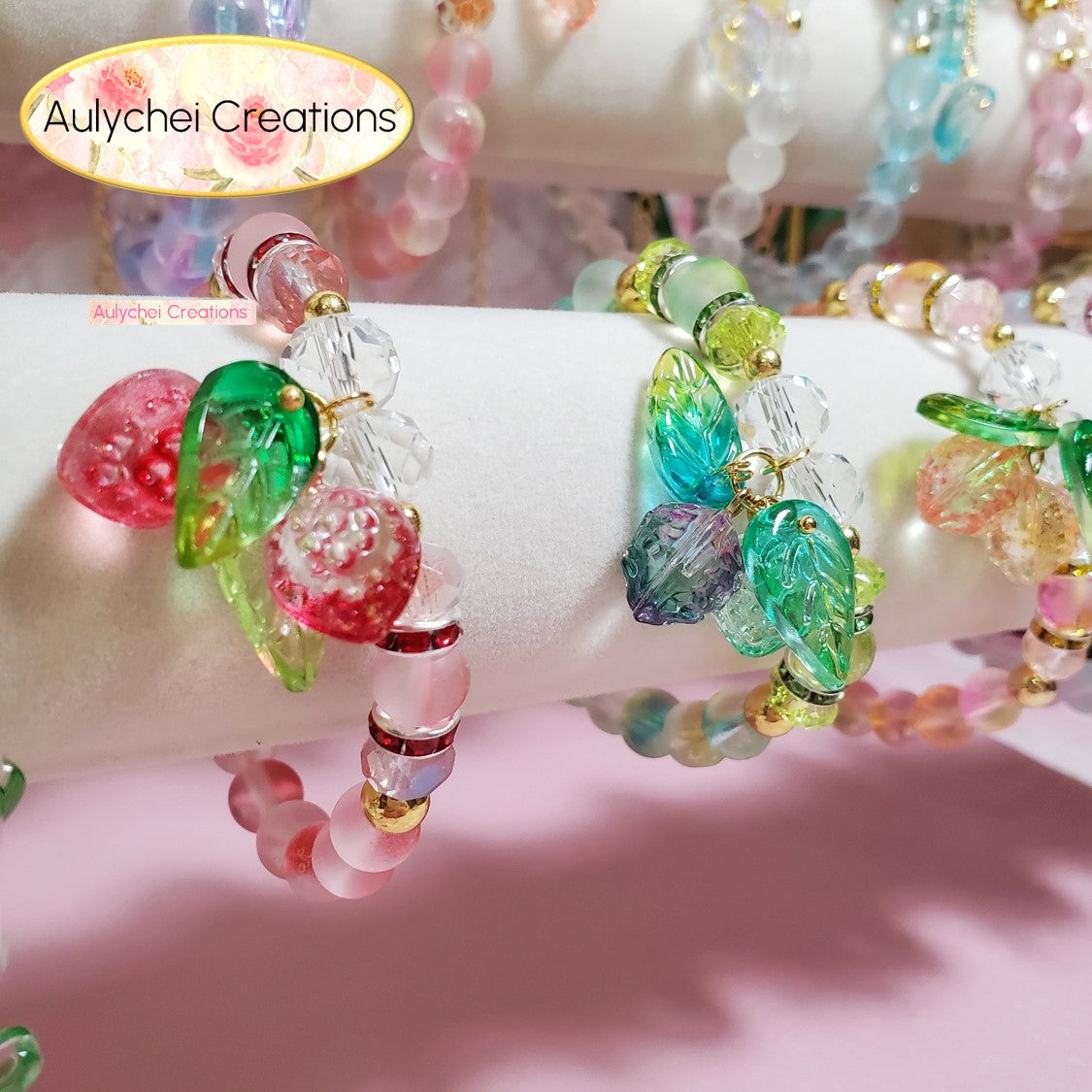 Pink Strawberry Glass Bead Bracelet