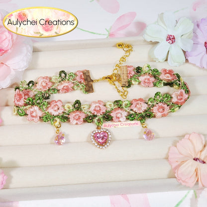 Pink Heart Pendant Floral Lace Choker