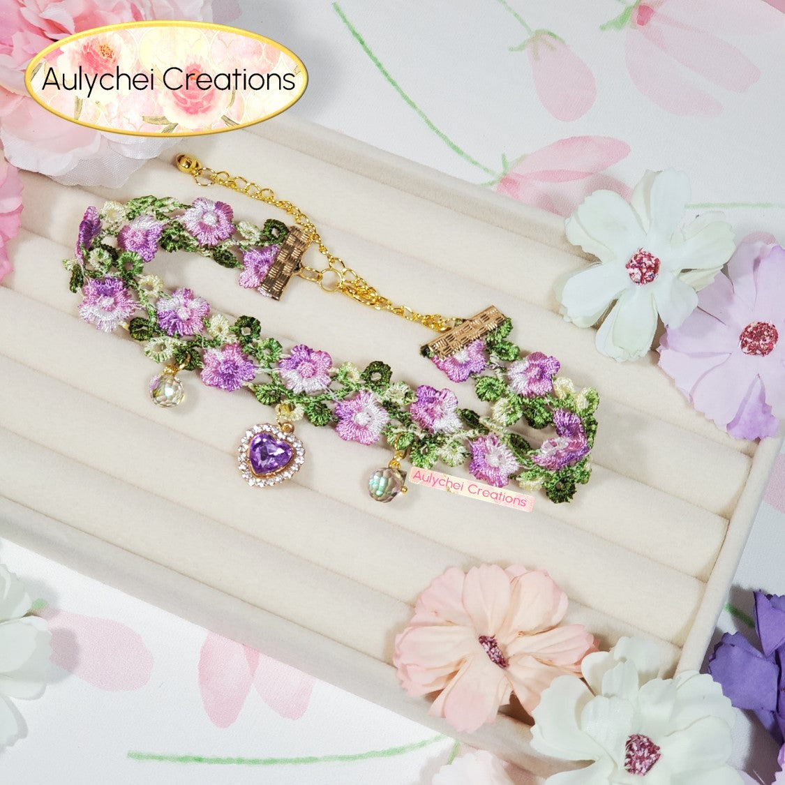 Purple Heart Pendant Floral Lace Choker