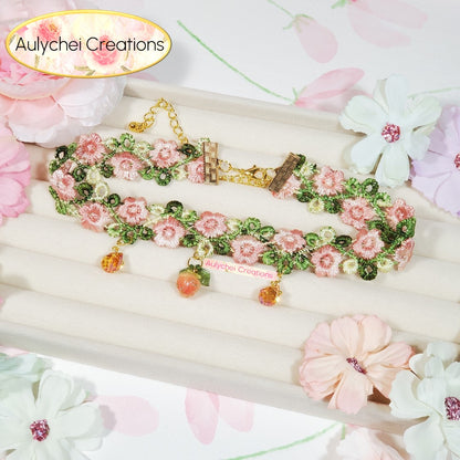 Peach Strawberry Pendant Floral Lace Choker