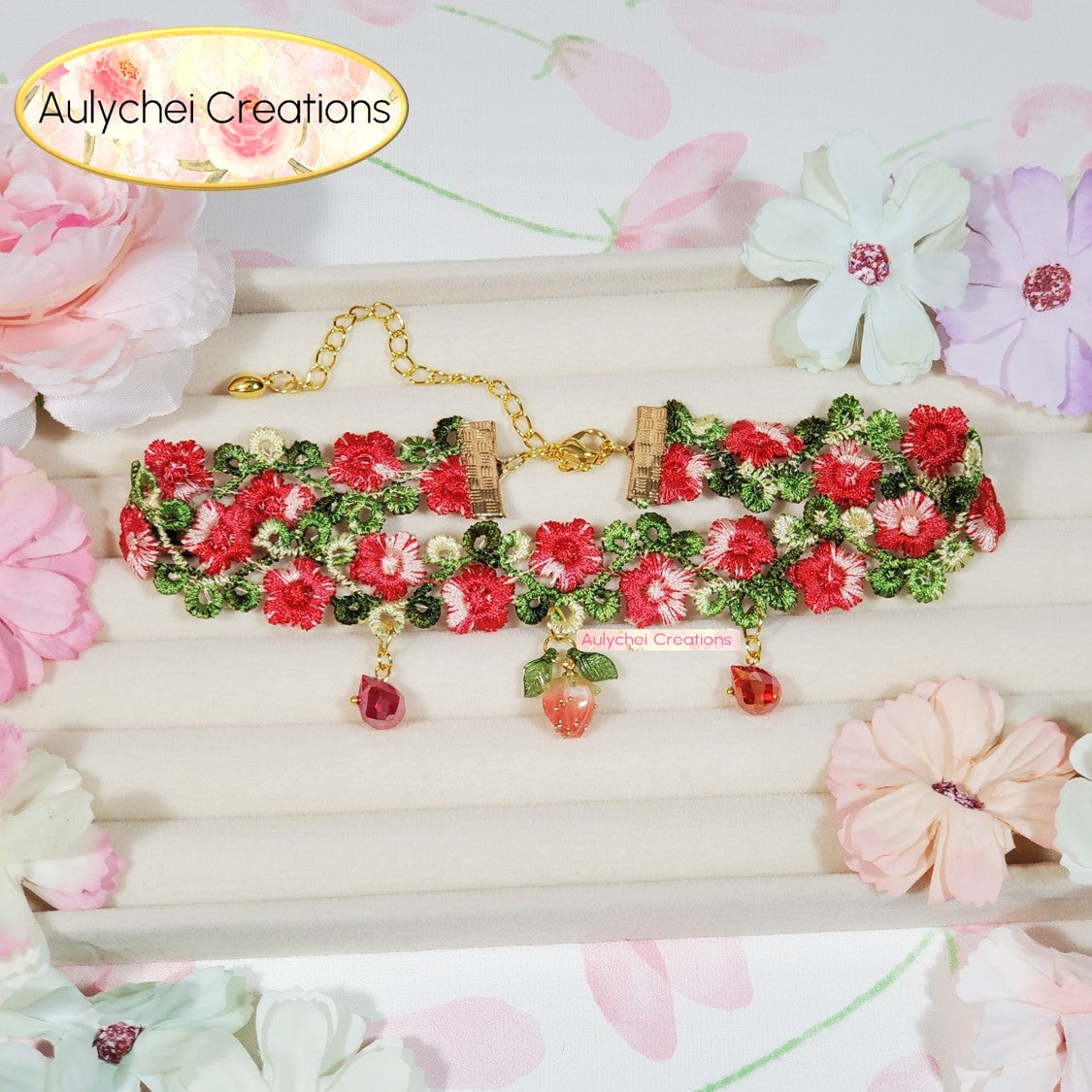 Red Strawberry Pendant Floral Lace Choker