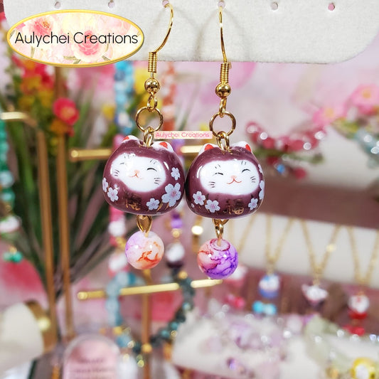 Purple Ceramic Neko Cat Dangle Earrings