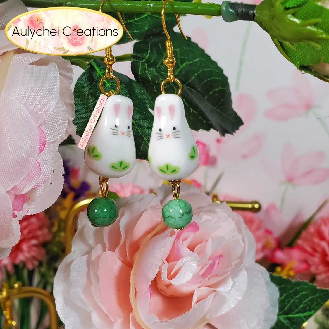 Green Ceramic Bunny Dangle Earrings