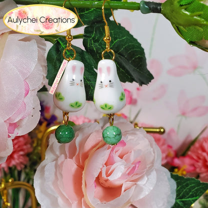Green Ceramic Bunny Dangle Earrings