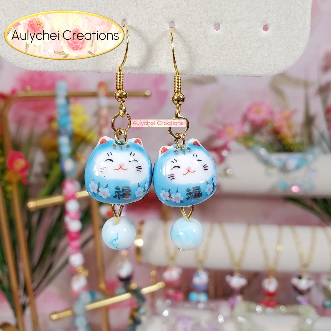 Blue Ceramic Neko Cat Dangle Earrings