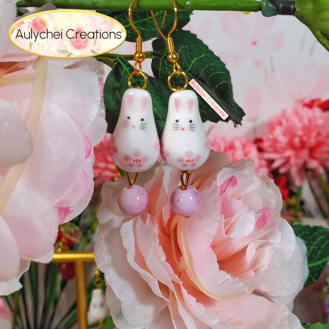 Light Pink Ceramic Bunny Dangle Earrings