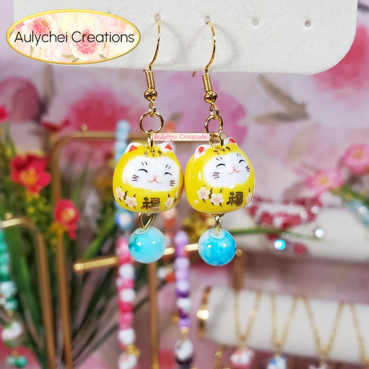 Yellow Ceramic Neko Cat Dangle Earrings