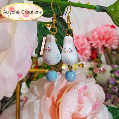 Blue Ceramic Bunny Dangle Earrings