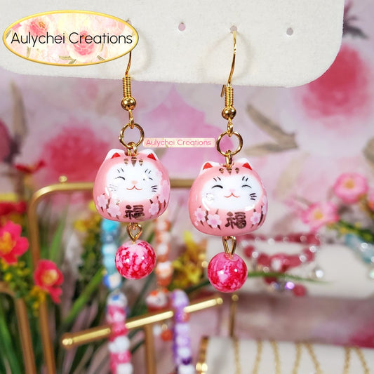 Pink Ceramic Neko Cat Dangle Earrings