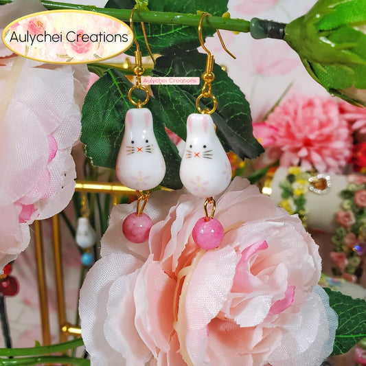Pink Ceramic Bunny Dangle Earrings