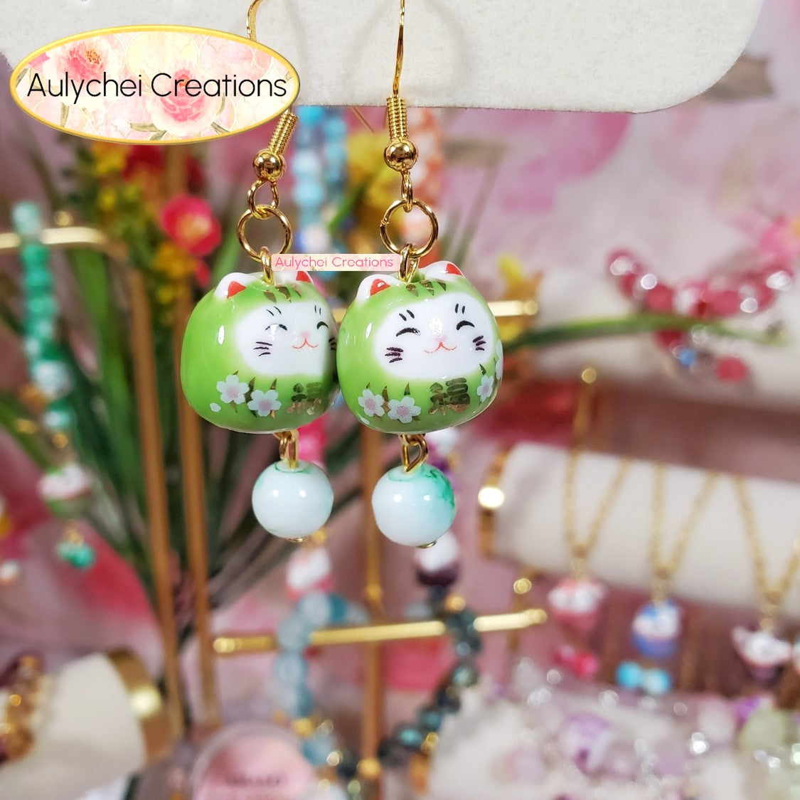 Green Ceramic Neko Cat Dangle Earrings