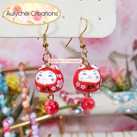 Red Ceramic Neko Cat Dangle Earrings