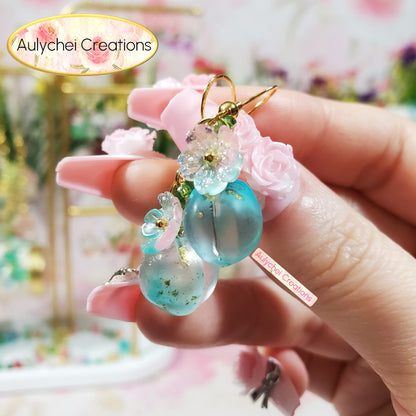Blue Frosted Glass Peach Dangle Earrings