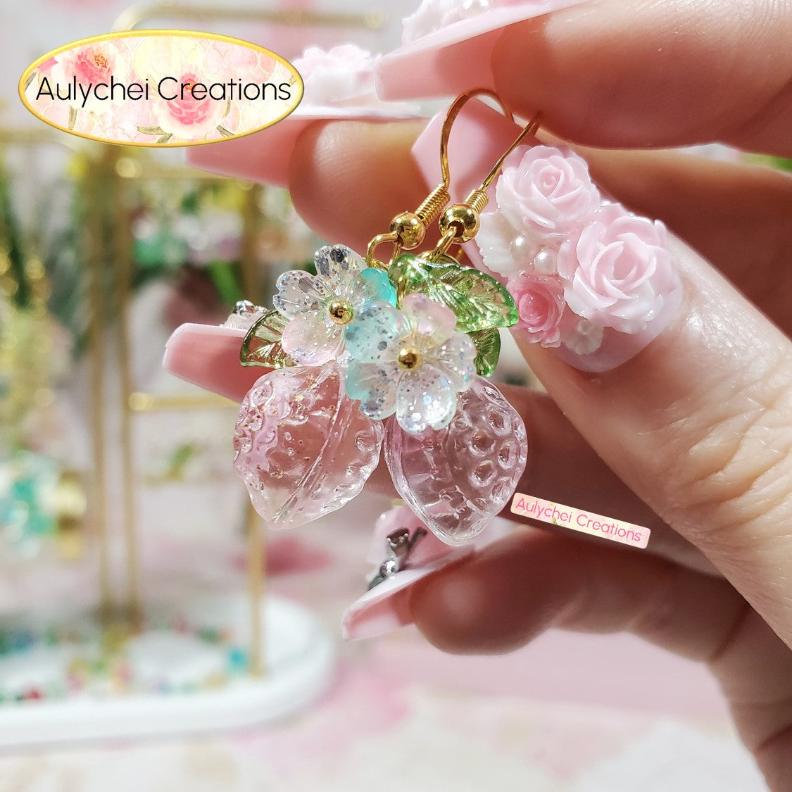 Clear Glass Strawberry Dangle Earrings