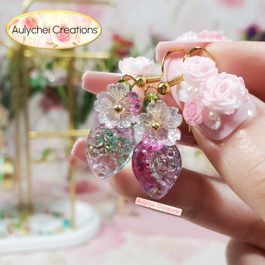 Purple Glass Strawberry Dangle Earrings