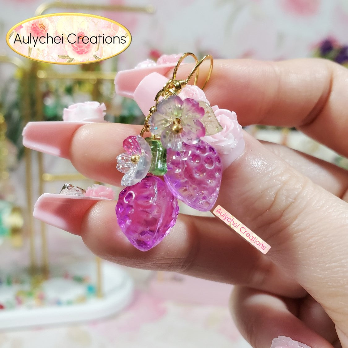 Magenta Glass Strawberry Dangle Earrings
