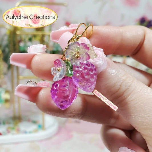 Magenta Glass Strawberry Dangle Earrings
