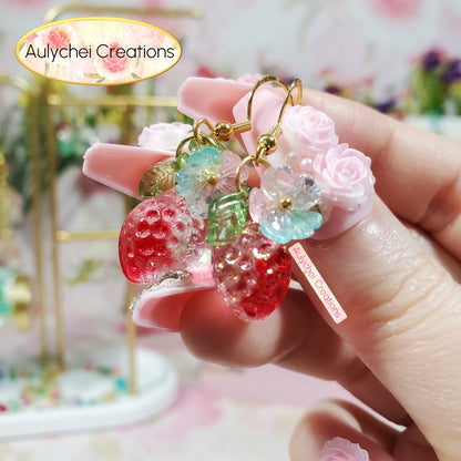 Red Glass Strawberry Dangle Earrings