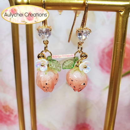 18K Cubic Zirconia Pink Resin Strawberry Dangle Earrings