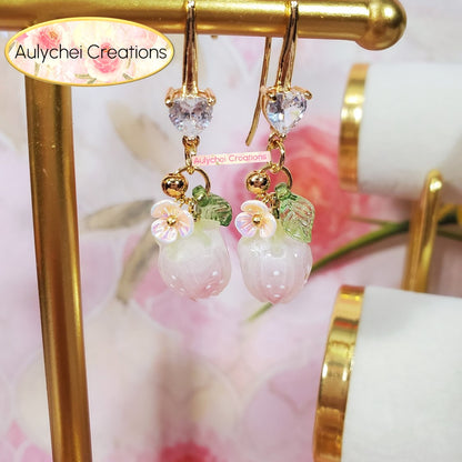 18K Cubic Zirconia White Resin Strawberry Dangle Earrings