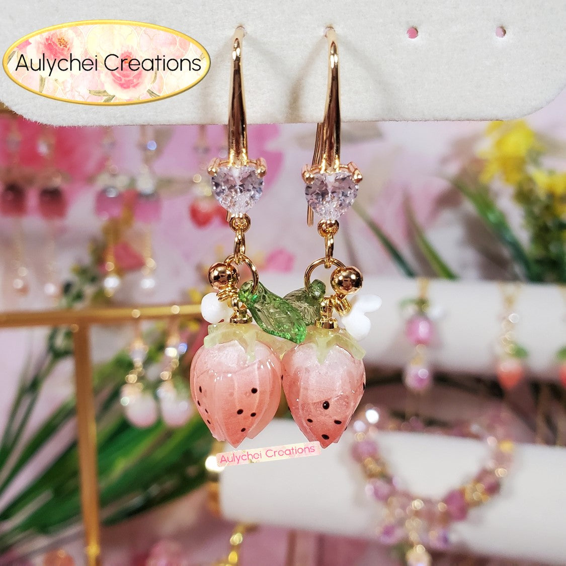 18K Cubic Zirconia Pink Resin Strawberry Dangle Earrings