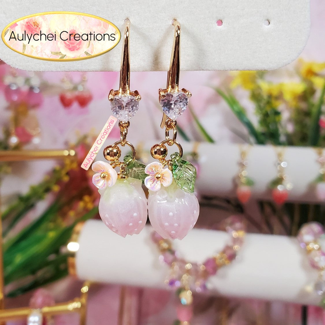 18K Cubic Zirconia White Resin Strawberry Dangle Earrings