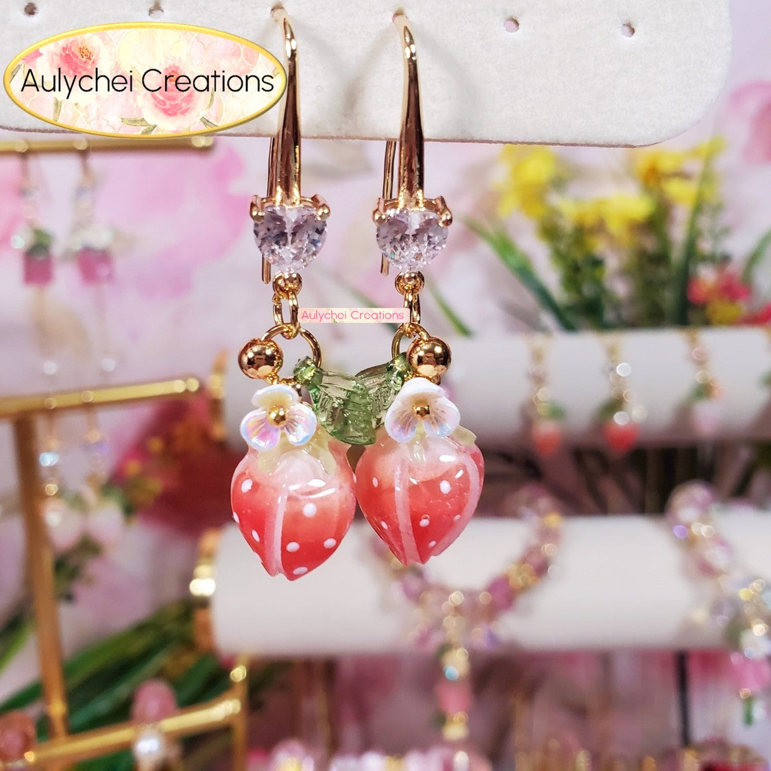 18K Cubic Zirconia Red Resin Strawberry Dangle Earrings