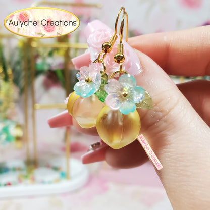 Yellow Frosted Glass Peach Dangle Earrings