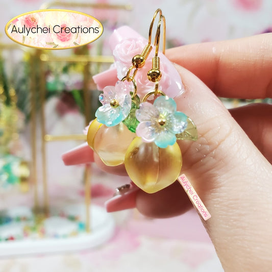 Yellow Frosted Glass Peach Dangle Earrings